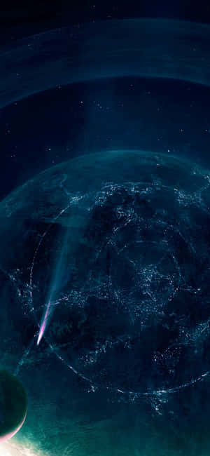 一顆帶有發光城市燈光和彗星的藍色行星。