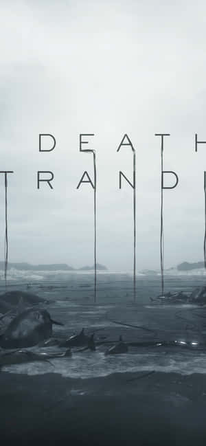 暴風雨海灘上擱淺的鯨魚，遊戲標題 Death Stranding 垂直滴落。 — IQOO 15T 壁紙