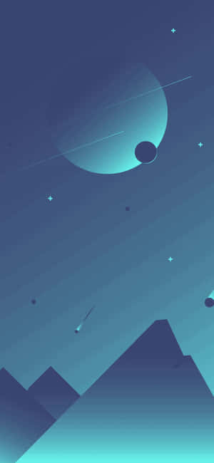 抽象幾何山脈在星空夜空下，有發光的行星和流星。 — Galaxy M17 壁紙