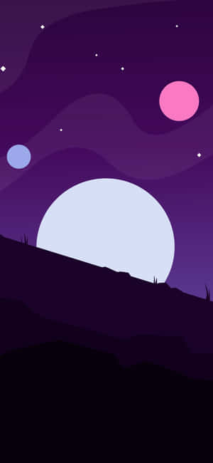 紫色夜空，月亮與行星在黑暗山丘剪影之上。 — iPhone 18 Pro Max 壁紙