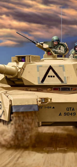 軍用坦克載著士兵在日落時分穿越沙漠。