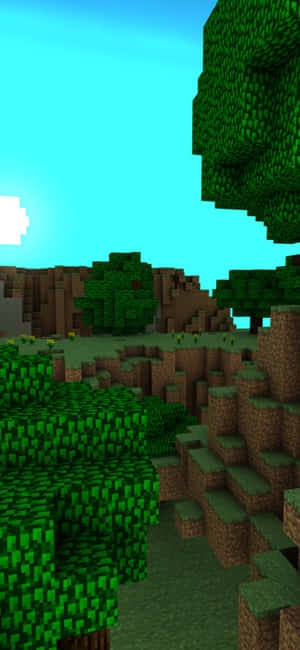 在明亮的太陽下，有樹木和地形的方塊狀Minecraft森林。 — Pixel 8a 壁紙