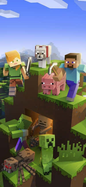 Minecraft玩家和生物在晴朗天空下的浮島上。 — Redmi Note 14 Pro 壁紙