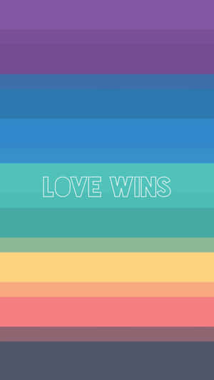 彩虹色水平條紋，帶有白色輪廓文字 love wins。