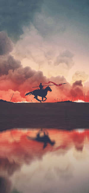 騎馬戰士，紅色旗幟，剪影映襯熾熱夕陽，水面倒映。