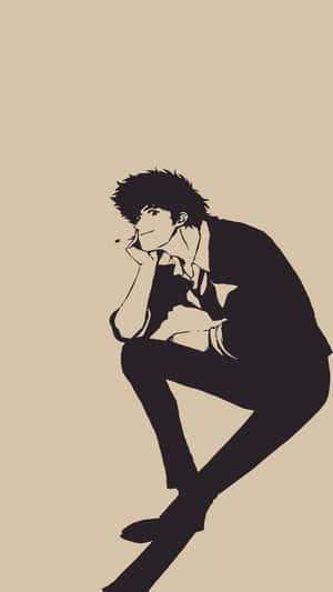 深色剪影的動漫男人蹲在米色背景前吸煙。