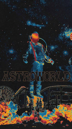 一個太空人站在太空中一個燃燒的遊樂園遊樂設施上，帶有'ASTROWORLD'文字。