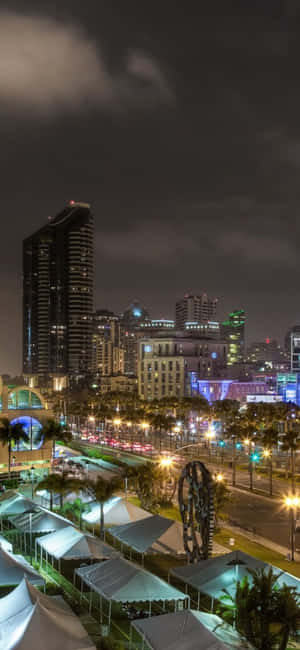 夜間城市天際線，有發光的建築物、棕櫚樹和路燈，在陰雲密布的天空下。