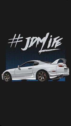 白色JDM跑車，升起尾翼，像素背景，帶有JDM LIFE文字。