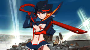 動漫戰士女孩手持紅色武器站在被毀的體育場中。