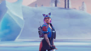 一個擁有紫色頭髮和貓耳朵的Fortnite角色在雪景中。