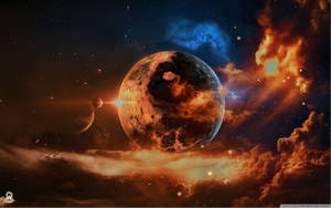 一顆發光的行星，被宇宙雲層和遙遠的星星包圍，在一個充滿活力的太空場景中。