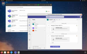 Linux 桌面，Microsoft Teams 在太空主題背景上顯示會議報告。