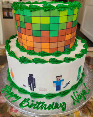 Minecraft生日蛋糕，帶有像素角色和綠色糖霜裝飾。 — 生日蛋糕 壁紙