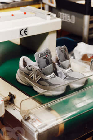 工廠傳送帶上的灰色 New Balance 運動鞋。