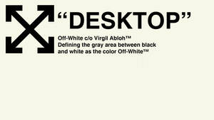 Off-White 品牌標誌，帶有箭頭和文字，位於米白色背景上