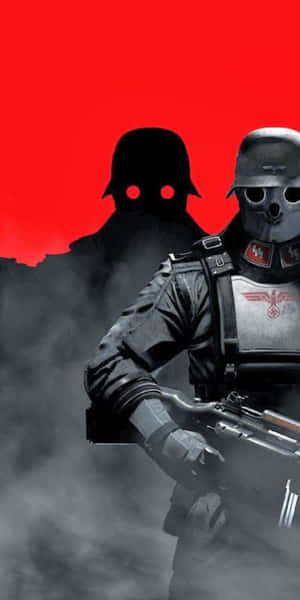 戴骷髏面具的士兵手持武器，身後有陰影人物，背景為紅色。 — 18:9 壁紙