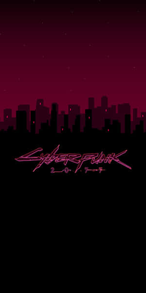 Cyberpunk 2077 標誌在夜間於黑暗的城市天際線中發出粉紅色的光芒。 — 18:9 壁紙