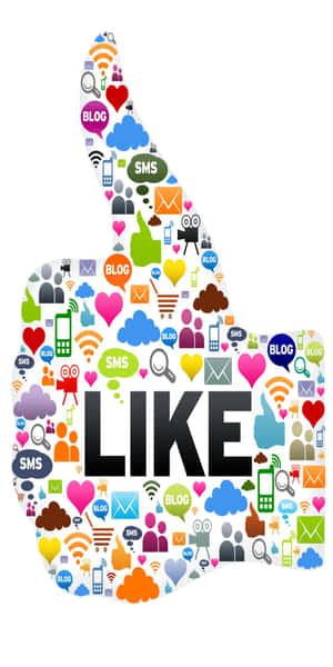 一個由社交媒體圖標組成的豎起拇指符號，帶有「LIKE」字樣。