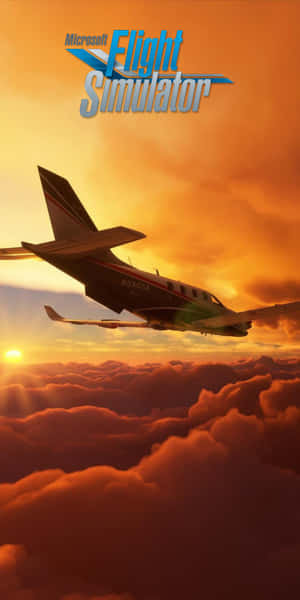 小型飛機在鮮豔的日落中飛越橙色雲層，帶有遊戲標誌。 — 18:9 壁紙