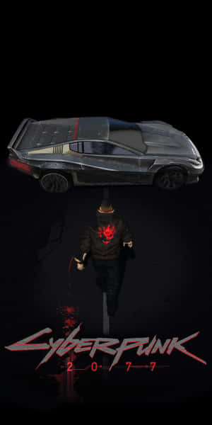 穿著紅色火焰連帽衫的人走向 Cyberpunk 2077 標誌下的未來汽車。 — 18:9 壁紙