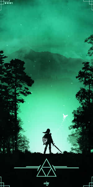 持劍戰士站在發光綠色天空下的森林中，有飛鳥。 — 18:9 壁紙