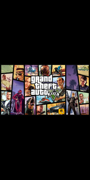 Grand Theft Auto V 遊戲封面，以漫畫風格呈現角色和場景。 — 18:9 壁紙