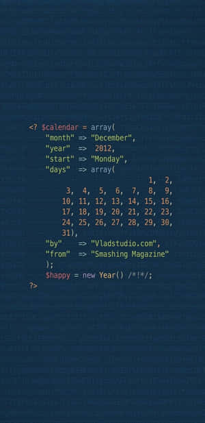 PHP 程式碼片段，顯示 2012 年 12 月日曆及新年快樂註解。 — 低對比度 壁紙