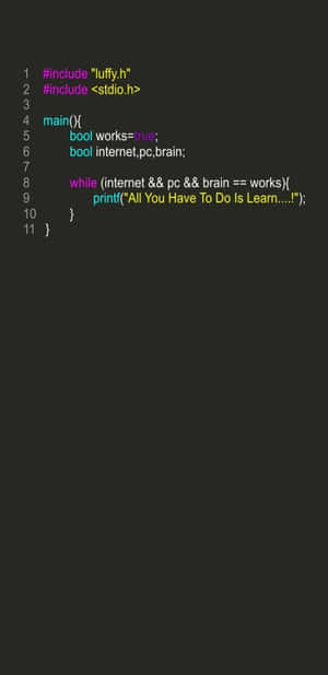 深色背景上帶有彩色語法高亮的C++程式碼，包含一個關於路飛和學習的笑話。 — 低對比度 壁紙