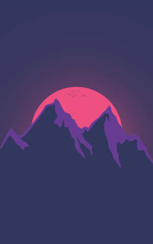 紫色山脈，粉紅太陽和飛鳥在黃昏時分。 — Pixel Tablet 壁紙