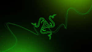 在深色漸變背景上帶有粒子效果的發光綠色 Razer 蛇標誌。