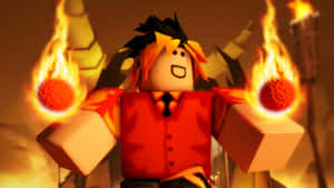 Roblox角色手持火焰球體，頭髮尖刺，身穿紅色襯衫。