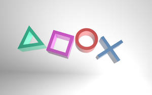 PlayStation 控制器符號以漂浮的 3D 形狀呈現，顏色為青綠色、紫色、紅色和藍色