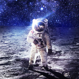 太空人在月球上，星空下有一道明亮的光束。