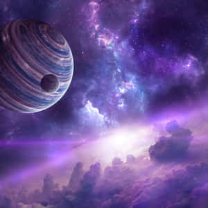 一個條紋行星與一顆衛星漂浮在發光宇宙天空中的紫色雲層之上。