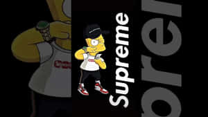 卡通角色穿著Supreme街頭服飾，在標誌背景前擺姿勢。