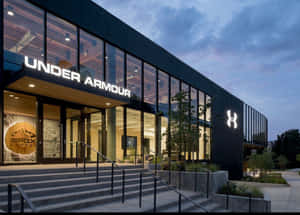 黃昏時分Under Armour店舖入口，亮著招牌和玻璃窗。