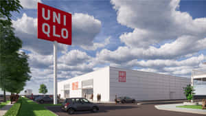 Uniqlo零售店，在陰天天空下，有巨大的紅色標誌和停泊的汽車。