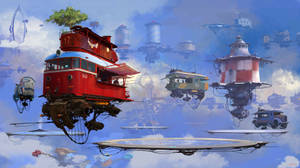 在夢幻的天空中，漂浮的復古車輛和建築物與雲朵相伴。