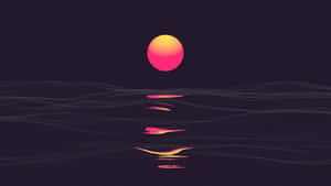 一顆發光的太陽反射在帶有幾何波浪的黑暗線框景觀上。