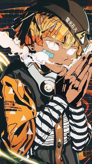 動漫男孩，橙色頭髮，發光的眼睛，戴著帽子，穿著條紋襯衫，呼出煙霧。