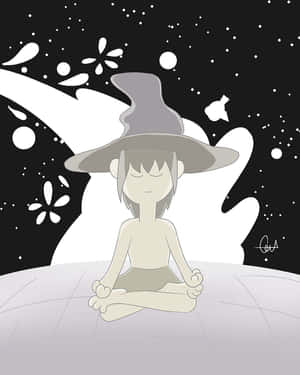 小孩戴著寬邊帽在星空下的行星上冥想。