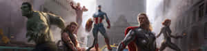 Marvel 超級英雄在煙霧和城市廢墟中戰鬥。 — 復仇者聯盟 壁紙