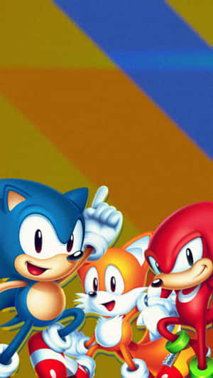 Sonic Tails 和 Knuckles 在色彩繽紛的卡通場景中微笑。