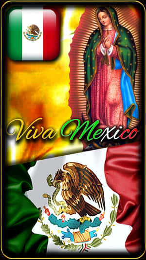 帶有墨西哥國旗和瓜達盧佩聖母插圖的「Viva Mexico」文字。 — 墨西哥國旗 壁紙