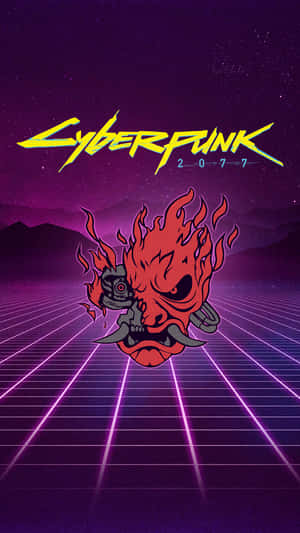 Cyberpunk 2077 標誌，在霓虹網格背景上有一個火焰惡魔面孔。