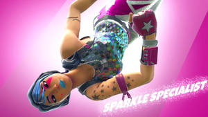 一個穿著閃亮服裝的Fortnite角色表演雜技般的後空翻。
