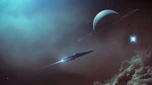 太空船飛越星雲中一顆帶環行星。
