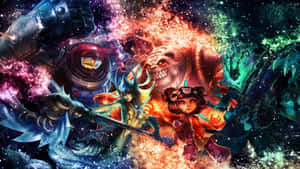 奇幻角色在色彩繽紛的星雲爆炸中與宇宙怪物戰鬥。 — 4K 遊戲 壁紙
