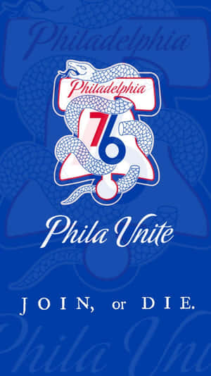 費城76人隊標誌與盤繞的蛇和「Phila Unite」文字在藍色背景上。